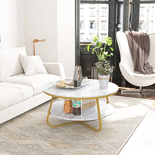 Elephance Modern Round Coffee Table with Storage, 35.4 Inch Faux Marble Coffee Table with Strong Metal Gold Frame for Living Room, Dining Room