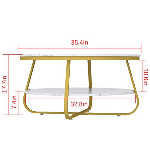 Elephance Modern Round Coffee Table with Storage, 35.4 Inch Faux Marble Coffee Table with Strong Metal Gold Frame for Living Room, Dining Room