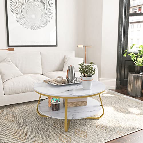 Elephance Modern Round Coffee Table with Storage, 35.4 Inch Faux Marble Coffee Table with Strong Metal Gold Frame for Living Room, Dining Room
