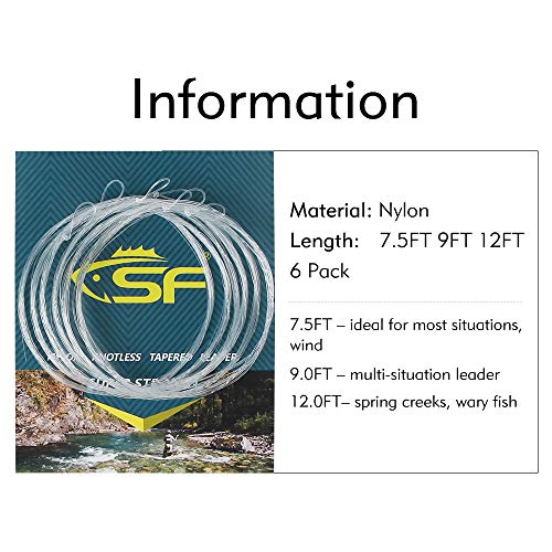 SF 6PCS Pre Tied Loop Fly Tapered Leader Nylon Fly Fishing Trout Leader Line 7.5FT-5X