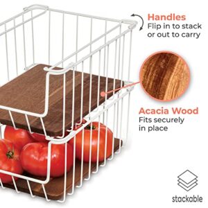 iDesign The Ría Safford Collection Open Front Wire Basket with Acacia Wood, 14" x 10" x 6"