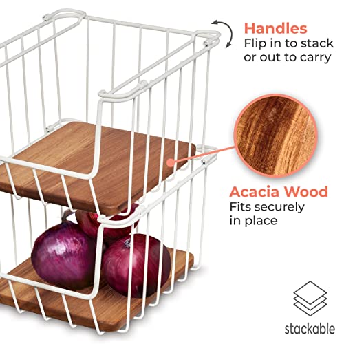 iDesign The Ría Safford Collection Open Front Wire Basket with Acacia Wood, 10" x 8" x 6"