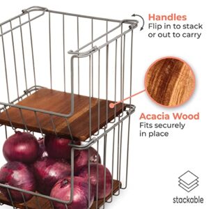 The Ría Safford Collection by iDesign Open Front Wire Basket with Acacia Wood, 10" x 10" x 8", Charcoal