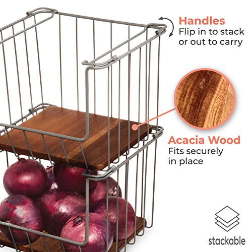 The Ría Safford Collection by iDesign Open Front Wire Basket with Acacia Wood, 10" x 10" x 8", Charcoal