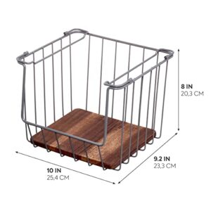 The Ría Safford Collection by iDesign Open Front Wire Basket with Acacia Wood, 10" x 10" x 8", Charcoal