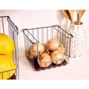 The Ría Safford Collection by iDesign Open Front Wire Basket with Acacia Wood, 10" x 10" x 8", Charcoal