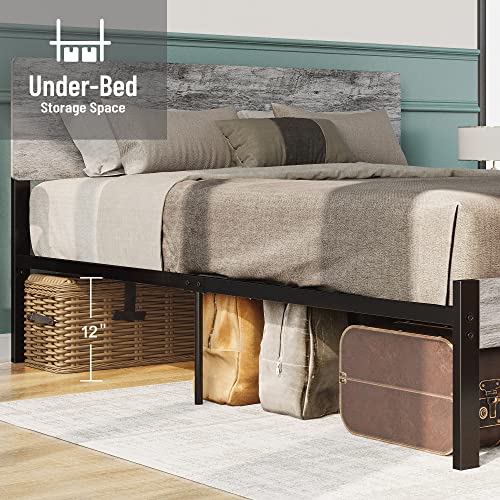 LIKIMIO Full Size Bed Frame, Metal Bed Frame Full with Headboard and Strong Steel Slat Support, Easy Assembly, No Box Spring Needed, Industrial Gray