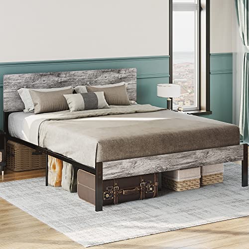 LIKIMIO Full Size Bed Frame, Metal Bed Frame Full with Headboard and Strong Steel Slat Support, Easy Assembly, No Box Spring Needed, Industrial Gray