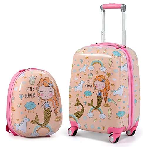 BABY JOY 2 PC Kids Carry On Luggage Set, 12” Backpack & 18” Toddler Suitcase, Hard Shell Travelling Case & Backpack w/ 4 Rotating Casters, Cute Rolling Trolley Case for Boys & Girls (Mermaid)