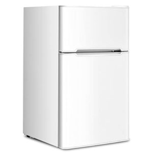 hysache 3.2 cu ft ompact refrigerator, double door mini fridge w/removable glass shelves, mechanical control & angle led light, energy saving separate freezer for home, office & dorm (white)