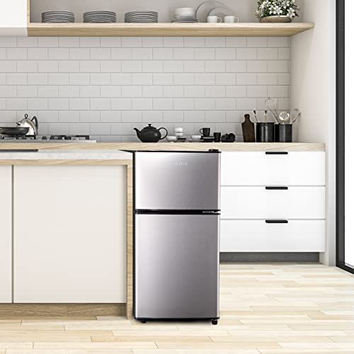 Anukis Compact Refrigerator 4.0 Cu Ft 2 Door Mini Fridge with Freezer For Apartment, Dorm, Office, Family, Basement, Garage, Silver