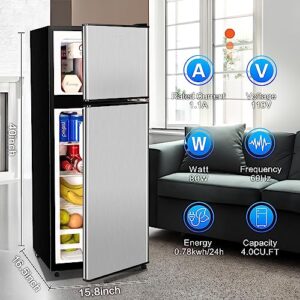 Anukis Compact Refrigerator 4.0 Cu Ft 2 Door Mini Fridge with Freezer For Apartment, Dorm, Office, Family, Basement, Garage, Silver