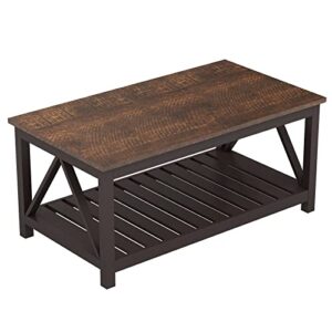 ChooChoo Farmhouse Coffee Table, Rustic Vintage Living Room Table with Shelf, 40 Espresso