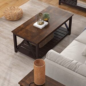 ChooChoo Farmhouse Coffee Table, Rustic Vintage Living Room Table with Shelf, 40 Espresso