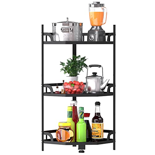 WTZ Corner Shlef, 3-Tier Corner Shelf, Metal Frame Multipurpose Storage Cabinet Organizer Rack Stand, Standing Shelving Unit, Plant Stand for Living Room/Bedroom/Kitchen/Bathroom/Entryway, Black