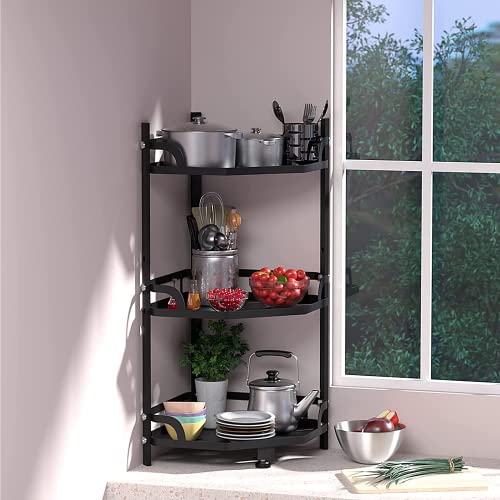 WTZ Corner Shlef, 3-Tier Corner Shelf, Metal Frame Multipurpose Storage Cabinet Organizer Rack Stand, Standing Shelving Unit, Plant Stand for Living Room/Bedroom/Kitchen/Bathroom/Entryway, Black