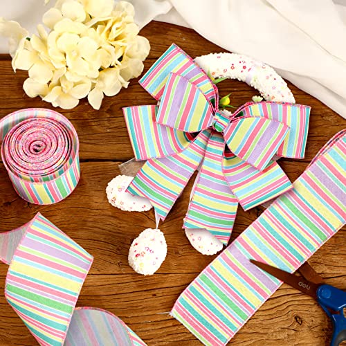 2 Rolls 20 Yards Easter Spring Wired Ribbon Pastel Stripe Canvas Ribbon Horizontal Stripe Wired Edge Ribbon Spring Decorative Ribbon Stripe Craft Ribbon for Wrapping Easter Party Crafting (2.5 Inch)