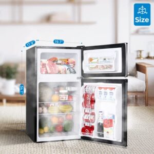 Upstreman 3.2 Cu.Ft Mini Fridge with Freezer, Stainless Steel 2 door, Adjustable Thermostat, Low noise, Energy-efficient, Compact Refrigerator for Dorm, Office, Bedroom