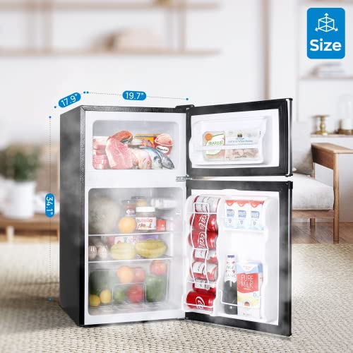 Upstreman 3.2 Cu.Ft Mini Fridge with Freezer, Stainless Steel 2 door, Adjustable Thermostat, Low noise, Energy-efficient, Compact Refrigerator for Dorm, Office, Bedroom