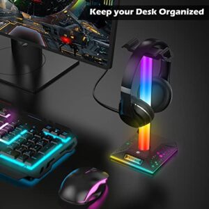 SIMOEFFI Upgraded RGB Gaming Headphones Stand, Headset Stand with 3.5mm AUX and 2 USB Charging Ports, Headphone Holder with 10 Light Modes and Memory Feature for Gamers PC Earphone Accessories Desk