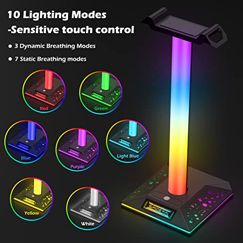 SIMOEFFI Upgraded RGB Gaming Headphones Stand, Headset Stand with 3.5mm AUX and 2 USB Charging Ports, Headphone Holder with 10 Light Modes and Memory Feature for Gamers PC Earphone Accessories Desk