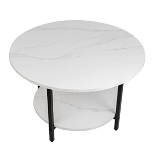 toysinthebox round coffee tables, accent table sofa table tea table with storage 2-tier for living room, office desk, balcony, wood desktop and metal legs, white 27.6 inches