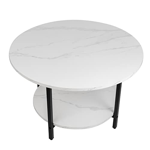 TOYSINTHEBOX Round Coffee Tables, Accent Table Sofa Table Tea Table with Storage 2-Tier for Living Room, Office Desk, Balcony, Wood Desktop and Metal Legs, White 27.6 Inches