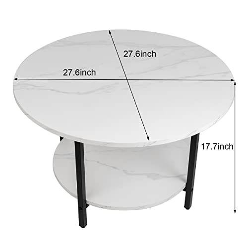 TOYSINTHEBOX Round Coffee Tables, Accent Table Sofa Table Tea Table with Storage 2-Tier for Living Room, Office Desk, Balcony, Wood Desktop and Metal Legs, White 27.6 Inches