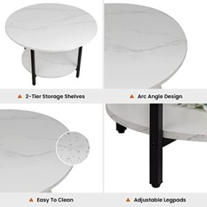 TOYSINTHEBOX Round Coffee Tables, Accent Table Sofa Table Tea Table with Storage 2-Tier for Living Room, Office Desk, Balcony, Wood Desktop and Metal Legs, White 27.6 Inches