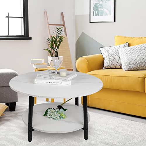 TOYSINTHEBOX Round Coffee Tables, Accent Table Sofa Table Tea Table with Storage 2-Tier for Living Room, Office Desk, Balcony, Wood Desktop and Metal Legs, White 27.6 Inches