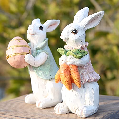 Hodao Easter Bunny Decorations Spring Home Decor Bunny Figurines(Easter White Rabbit 2pcs)