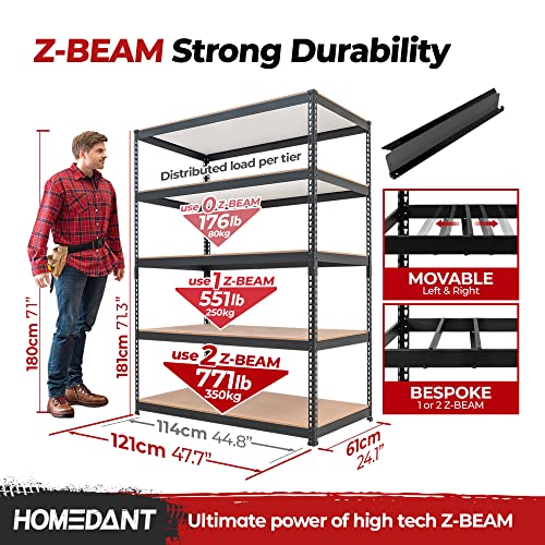 HOMEDANT Z-beam 5 Tier Laminated Heavy Duty Garage Storage Adjustable Wide Size Metal Shelving Unit Utility Rack Shelves Organization Multipurpose Shelf Shed Warehouse 47.7"W x 24.1"D x 71.3"H 1Pack