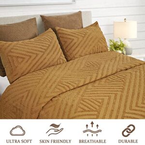 PHF Tufted Jacquard Comforter Sets Queen-3 Pieces Bed in A Bag Boho Comforter Set for Fall and Winter-Comfy Warm Textured Chenille Bedding Set Include Comforter and Pillow Shams, Light Caramel