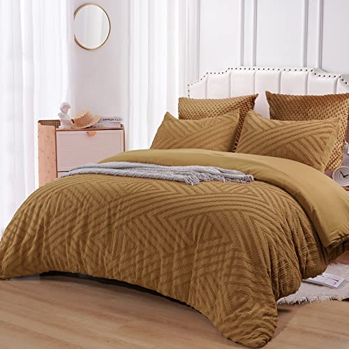 PHF Tufted Jacquard Comforter Sets Queen-3 Pieces Bed in A Bag Boho Comforter Set for Fall and Winter-Comfy Warm Textured Chenille Bedding Set Include Comforter and Pillow Shams, Light Caramel