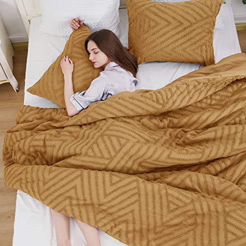 PHF Tufted Jacquard Comforter Sets Queen-3 Pieces Bed in A Bag Boho Comforter Set for Fall and Winter-Comfy Warm Textured Chenille Bedding Set Include Comforter and Pillow Shams, Light Caramel