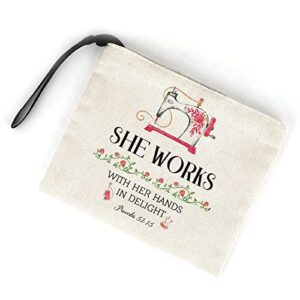 sewing gifts, gifts for quilters, sewing gifts for sewing lovers, quilting gifts for women, mom, aunt, sister, grandma, quilters for birthday christmas gift ideas – she works with her hands makeup bag