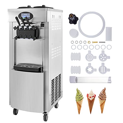 VEVOR 2200W Commercial Soft Ice Cream Machine 3 Flavors 5.3 to 7.4Gallon per Hour PreCooling at Night Auto Clean LCD Panel for Restaurants Snack Bar, Sliver