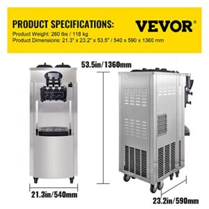 VEVOR 2200W Commercial Soft Ice Cream Machine 3 Flavors 5.3 to 7.4Gallon per Hour PreCooling at Night Auto Clean LCD Panel for Restaurants Snack Bar, Sliver