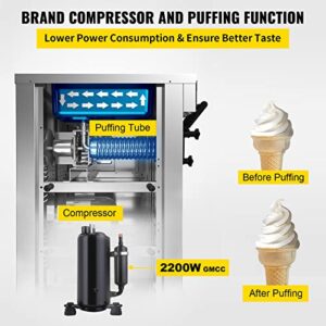 VEVOR 2200W Commercial Soft Ice Cream Machine 3 Flavors 5.3 to 7.4Gallon per Hour PreCooling at Night Auto Clean LCD Panel for Restaurants Snack Bar, Sliver