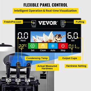 VEVOR 2200W Commercial Soft Ice Cream Machine 3 Flavors 5.3 to 7.4Gallon per Hour PreCooling at Night Auto Clean LCD Panel for Restaurants Snack Bar, Sliver