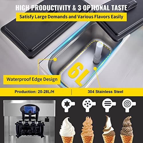 VEVOR 2200W Commercial Soft Ice Cream Machine 3 Flavors 5.3 to 7.4Gallon per Hour PreCooling at Night Auto Clean LCD Panel for Restaurants Snack Bar, Sliver