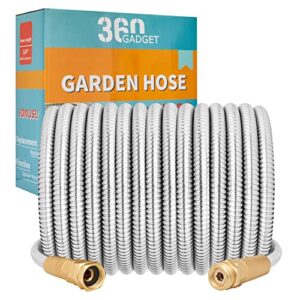 360gadget garden hose metal - 50ft heavy duty stainless steel water hose with 8 function sprayer & metal fittings, flexible, lightweight, no kink, puncture proof hose for yard, outdoors, rv