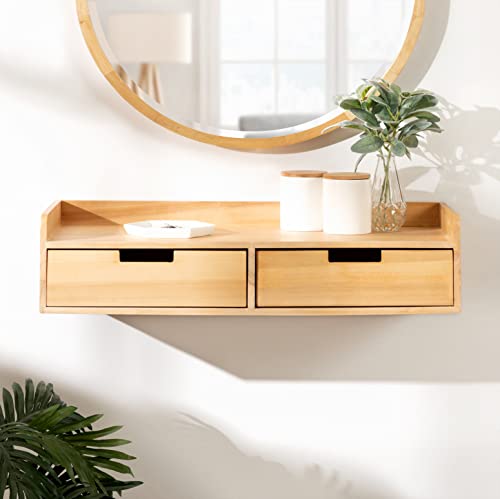 Kate and Laurel Kitt Modern Floating Desk, Natural Wood, Scandinavian Wall Mounted Double Drawer Console Table for Storage and Display, 28x12x6.5