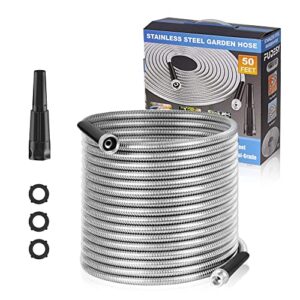 fudesy 50ft garden hose - 304 stainless steel metal water hose, flexible lightweight heavy duty durable hose, adjustable nozzle with six spray modes for outdoor yard, no kink and tangle, easy to store