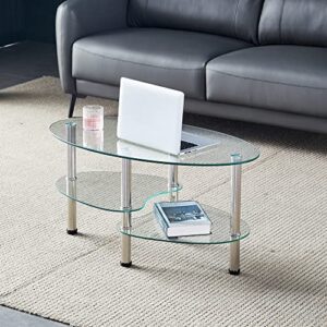 oval-shaped glass tea table for office, 3-tier modern coffee table, end table for living room (clear)