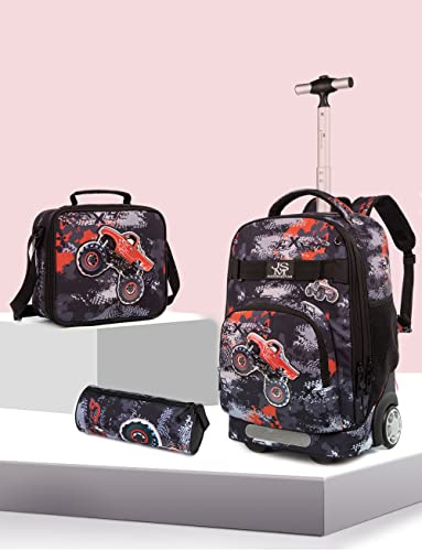 MOHCO 19 inch Rolling Backpack Set Wheeled School Book bag with Insulated Lunch Bag and Pencil Case (Moto)