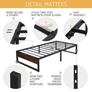 SHA CERLIN 14'' Twin Size Metal Platform Bed Frame with Rustic Wood & Reverse Holes/Ample Under-Bed Storage Space/Mattress Foundation/No Box Spring Needed/Easy Assembly/Noise Free, Metal Slats