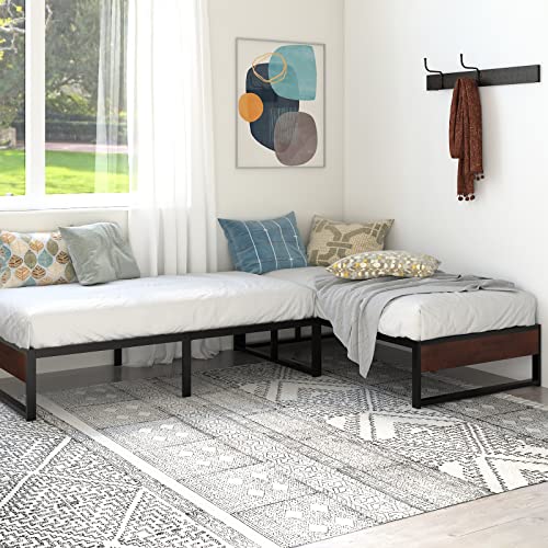 SHA CERLIN 14'' Twin Size Metal Platform Bed Frame with Rustic Wood & Reverse Holes/Ample Under-Bed Storage Space/Mattress Foundation/No Box Spring Needed/Easy Assembly/Noise Free, Metal Slats