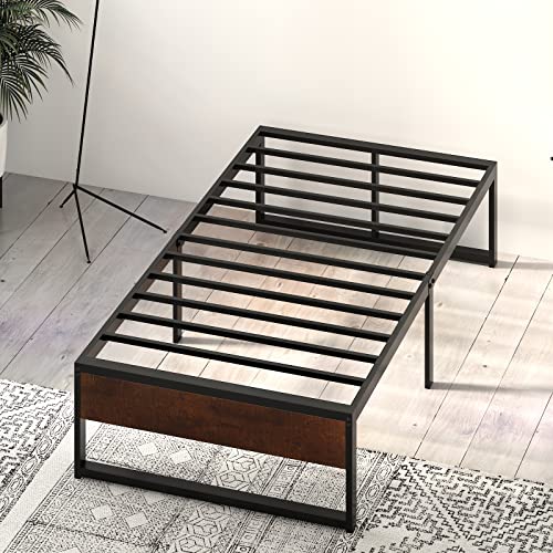 SHA CERLIN 14'' Twin Size Metal Platform Bed Frame with Rustic Wood & Reverse Holes/Ample Under-Bed Storage Space/Mattress Foundation/No Box Spring Needed/Easy Assembly/Noise Free, Metal Slats