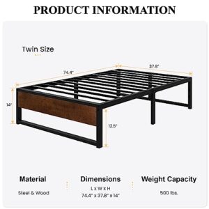 SHA CERLIN 14'' Twin Size Metal Platform Bed Frame with Rustic Wood & Reverse Holes/Ample Under-Bed Storage Space/Mattress Foundation/No Box Spring Needed/Easy Assembly/Noise Free, Metal Slats